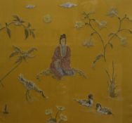 Two decorative Japanese themed embroidered panels, each depicting a central robed female within