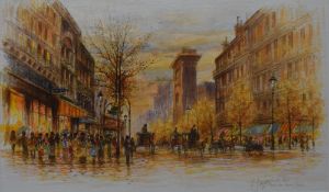 A Gawin (20th century) watercolour, busy Parisian street scene '07 Paris Porte de Saint Denis'