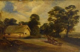 A pair of 19th English school type oil on boards, traditional rural scenes with buildings, unsigned,