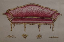 A pair of decorative colour prints, depicting two French settee designs with associated moulding
