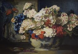 George Sheringham (British 1884-1937) oil on board, still life study vase of Sweet Williams with