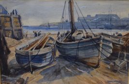 Frank Brown (British 20th century) watercolour, fishing boats, signed lower right, within a lined