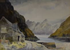 Edwin Grieg Hall (British 1929-2017) watercolour, mountainous landscape with lake and stone