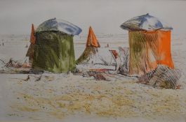 After Tom Coates (British b.1941) lithograph, decorative family beach scene, unsigned, printed label