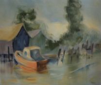 Coan (American? 20th century) oil on canvas, lake scene with moored boat, signed lower right,
