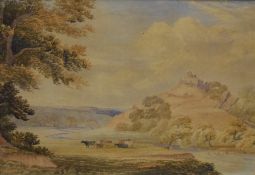 An early 20th century English school watercolour, hilltop ruin, with cattle grazing on the banks