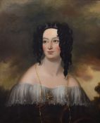 An early 19th century oil on canvas, an impressive portrait of an attractive young woman with