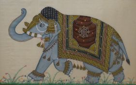A large eye-catching Indo-Persian Mughal style painting on silk, depicting an adorned royal elephant