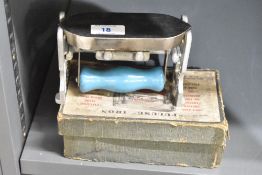 A vintage Fuluse iron with original box, impressed pat No 50800, L14cm