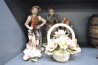 Three Capo-di-Monte style figurines and a basket of flowers etc.