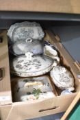 Four assorted tureens and a small selection of blue and white ware.
