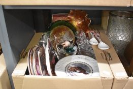 Two Carnival glass dishes, twelve glass pedestal dessert dishes, twelve Coalport Christmas plates