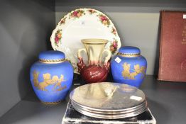 A large Royal Albert 'Old Country Roses' cake plate 29cm, a pair of John Tams Ltd ceramic ginger