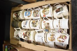 A large group of tankards each decorated with various scenes, to include Vale Lodge, A Memento of