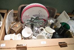 A varied selection of items including a china cake stand complete in box, a large Crown