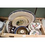 Six Booths 'Real Old Willow' dinner plates, a large oval blue and white platter and similar white