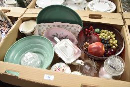 A Keith Murray for Wedgwood ridged green plate, a red art glass dish filled with a selection of