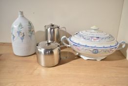 An Old Hall stainless steel tea pot and matching water jug, a vintage tureen and a studio pottery