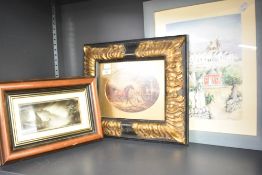 A vintage picture depicting a stallion and terrier inside a gilt oval mount within a heavy black and