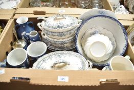 Five pieces of Wedgwood style pottery including two small dishes, jam pot and vase, a small