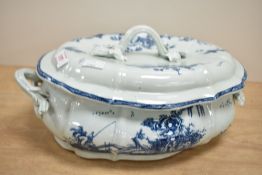 A blue and white ceramic tureen with cover, decorated with Chinese landscape scenes, L34cm