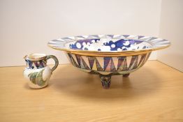 A large bowl raised on thri-pod style legs, painted mark to reverse reading 'End of the world series