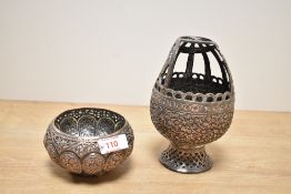 A metal censer having pierced shaped handle and decorated with floral and foliage patterns, h17cm
