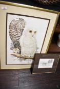 A small pencil sketch depicting three owls, signed lower left, w18cm x 32cm overall, sold together