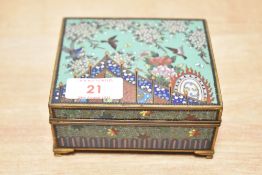 A Japanese cloisonné enamel box decorated with birds and flowers, w11cm