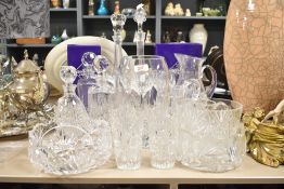 A selection of cut glass including Edinburgh Crystal decanters