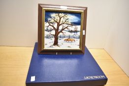 A framed Moorcroft Pottery 'Woodside Farm' pattern tile, of square form and tube-lined in the