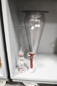 A large decorative glass trumpet vase, height 47cm, and a glass thermometer and an art glass stem