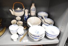 A Chinese blue and white porcelain dinner service, to include soup bowls, tea pot and egg cups
