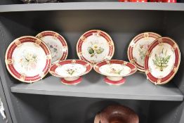 An English porcelain part dessert service comprising five plates and two tazza's (one AF) each