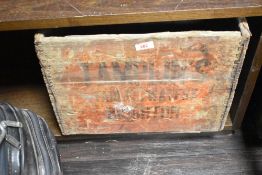 A wooden bottle crate, for Tampins Table Water, Brighton, dimensions approx. 33 x 32 x 42cm, some