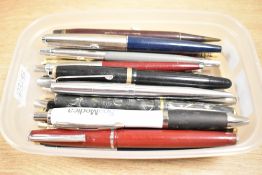 A box containing a quantity of pens, to include various Parker fountain pens ect