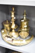 A pair of brass candlesticks, h24cm, sold together with various trench art ect