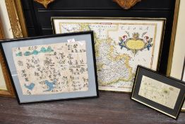 A Saxton's map of Lancashire, w55cm, sold together with an old map of Kendal ect