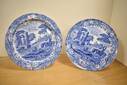 Two Spode blue and white platters, in the Italian pattern (black printed marks en verso),