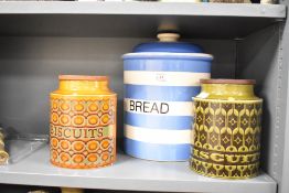 A large T.G Green Cornish ware blue pottery bread bin with domed lid, large crack to inside, sold