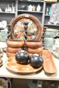 A pair of vintage Thomas Taylor bowling bowls, 2.25 bias, and a selection of treen items including