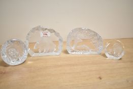 A group of 4 Mats Jonasson of Sweden crystal sculptures, largest h11cm