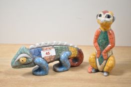 A multi coloured ceramic meercat sculpture, h15.5cm, sold together with a chameleon
