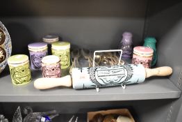 A selection of Portmeirion spice jars, salt and pepper pots and rolling pin, in the dolphin (no