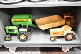 A Tonka Toys Tractor and Trailer along with two Wooden Toys, Tractor and Truck