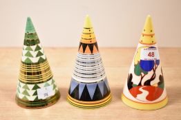3 Moorland Burslem sugar shakers of triangular form, decorated in the Art Deco style of Clarice