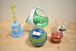 A Mdina glass paperweight, signed to reverse, h8.5cm, sold together with a glass bell ect