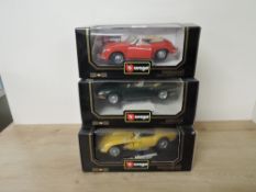 Burago 1:18 scale die-casts, 3009 Mercedes Benz SSK (1928), 3016 Jaguar 'E' Cabriolet (1961 and 3031