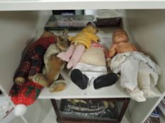 Vintage Teddy Bears and Doll, Mid 20th straw filled yellow plush having stitched noses and mouths,