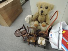Tri-ang Push along Plush Dog, vintage Nookie Bear with pull cord mechanism and three small wooden